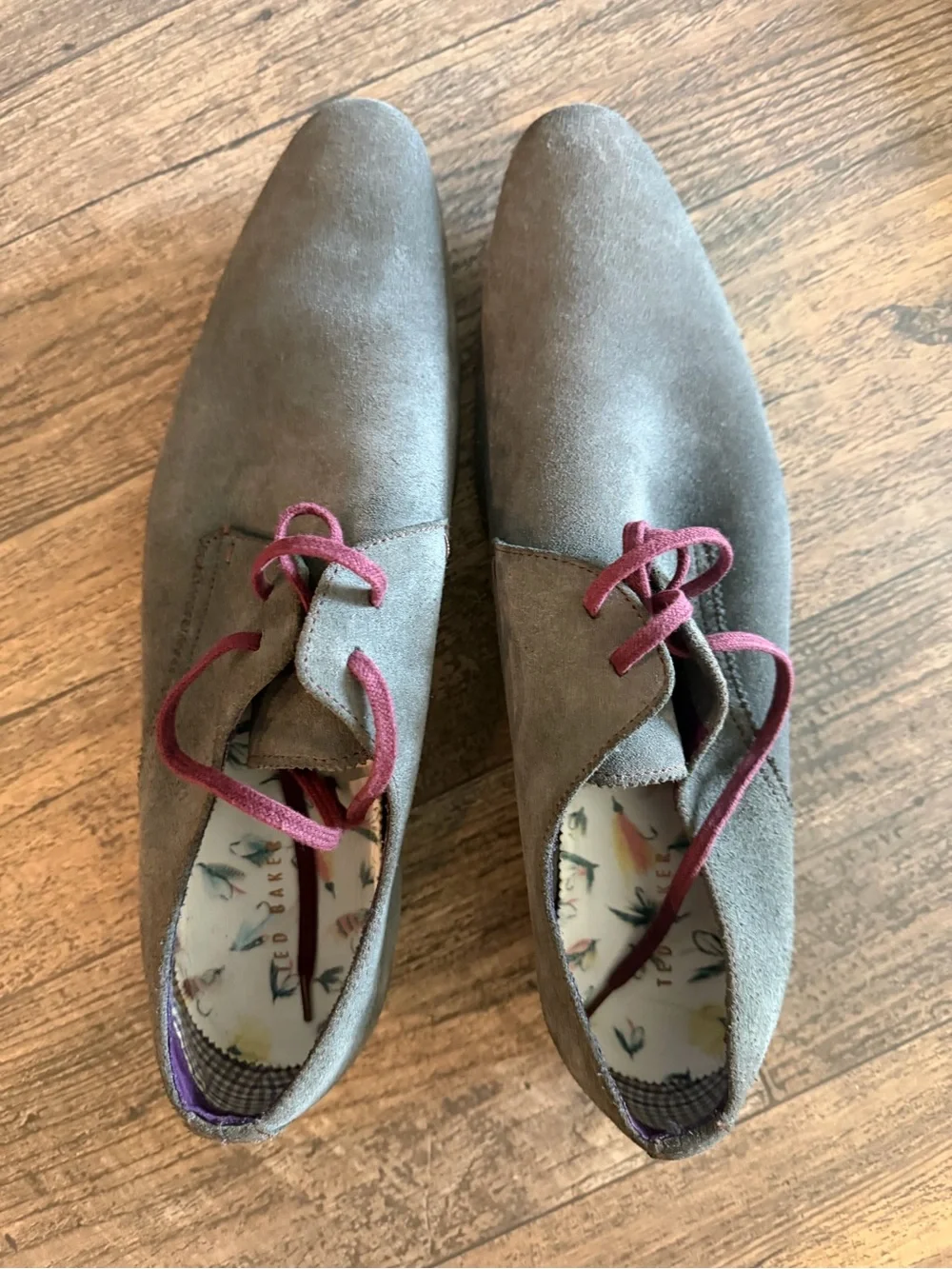 Ted Baker London Taupe Suede Oxfords with Burgundy Laces
